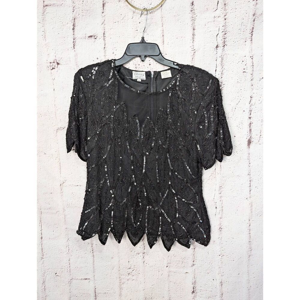 Stenay Womens Size Large Blouse Short Sleeve w Shoulder Pads Silk Black Sequined